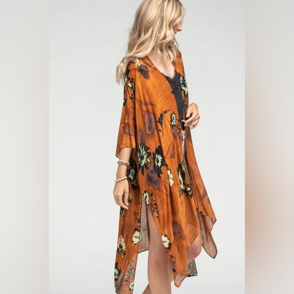 Bohemian Rust Floral Print Kimono w/ Side Slits - Rich Deep Colors - Picture 3 of 7